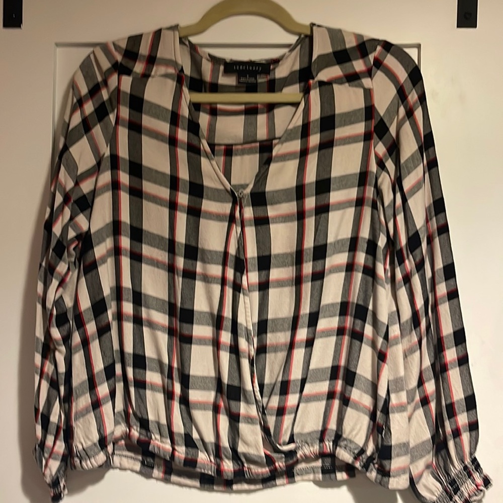 Sanctuary Plaid Smocked Sleeves Pullover Top Beige